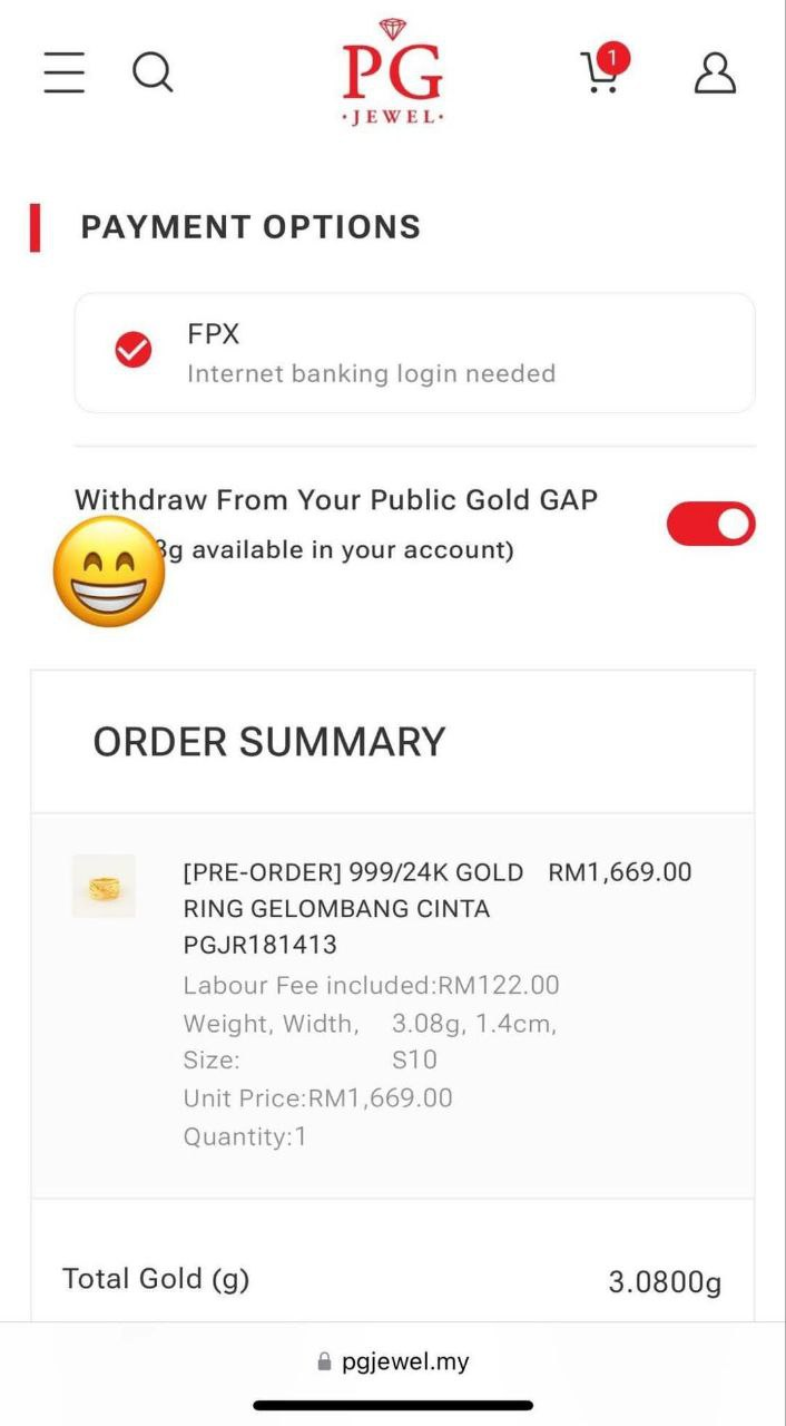Barang kemas 999 PG Jewel boleh withdraw dari akaun GAP
