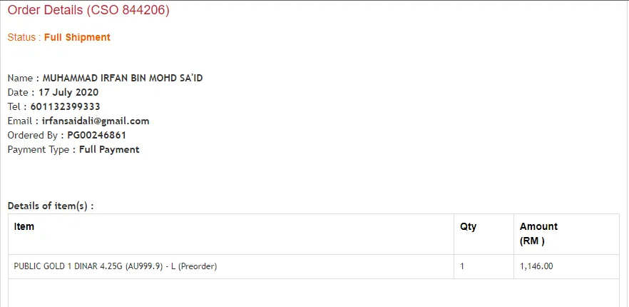 Belian emas 1 dinar saya