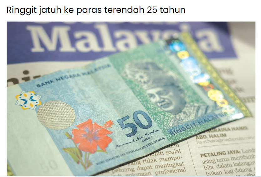Ringgit jatuh ke paras terendah dalam masa 25 tahun. Sumber: Utusan Malayia