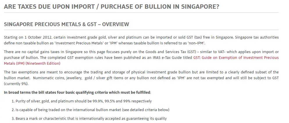 Emas pelaburan dikecualikan dari GST di Singapore