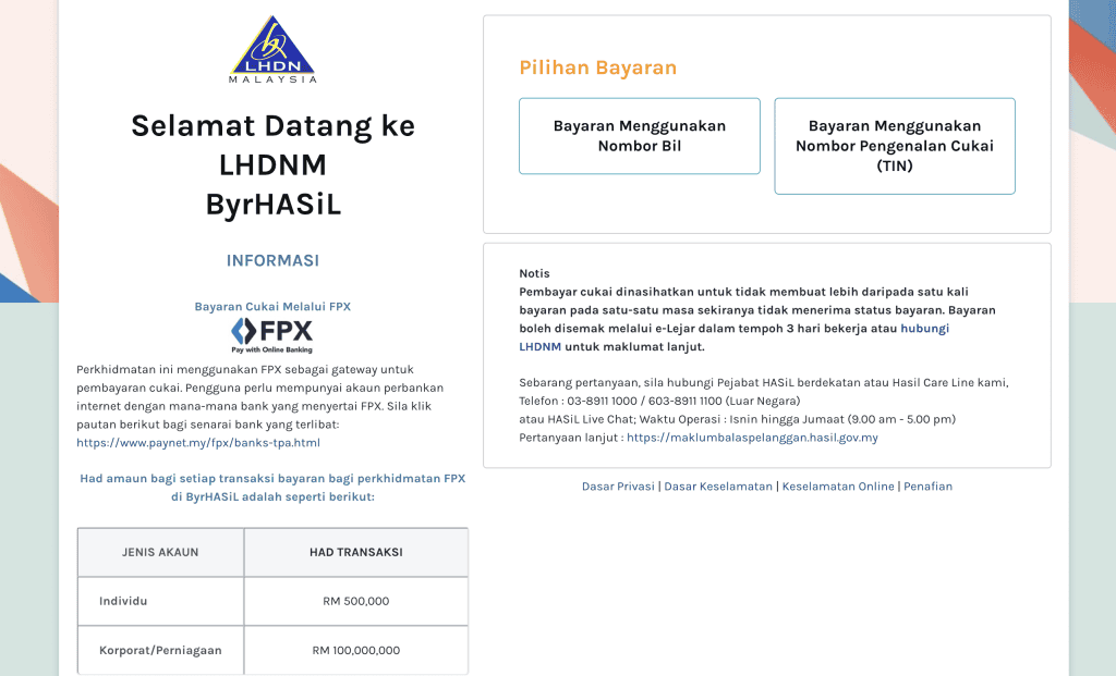 Bayar cukai pendapatan secara online di website LHDN