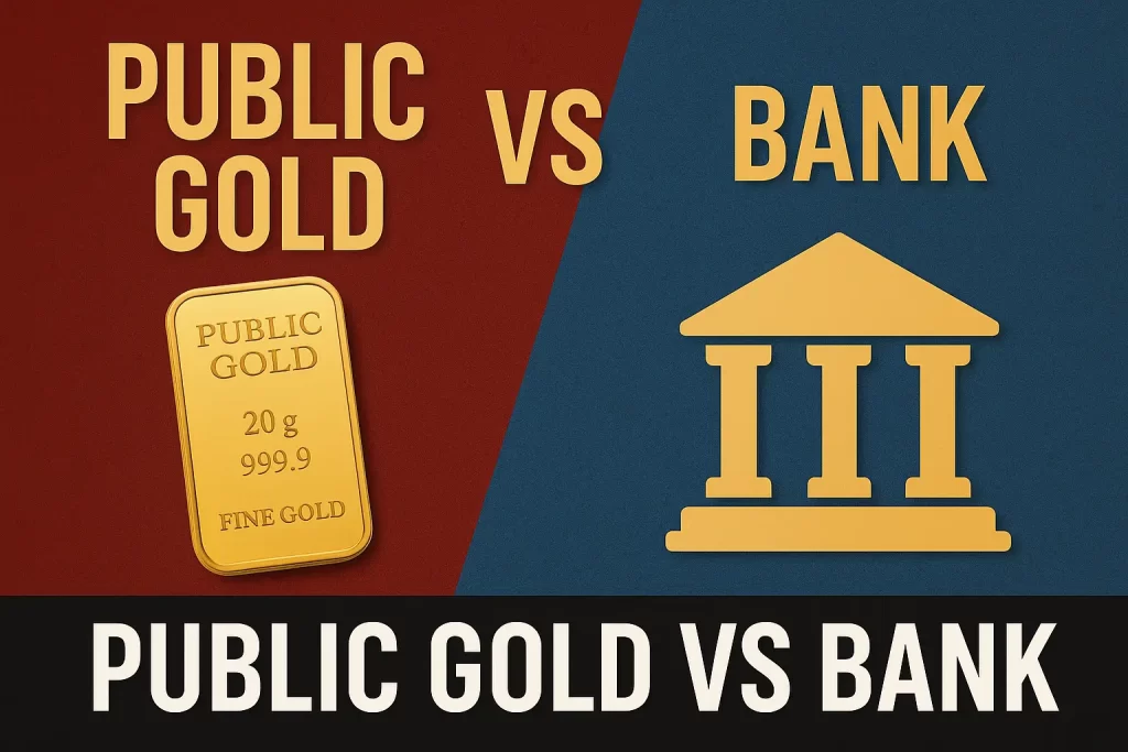 Perbandingan Public Gold vs Bank dalam pelaburan emas — emas fizikal Public Gold berbanding emas digital bank.