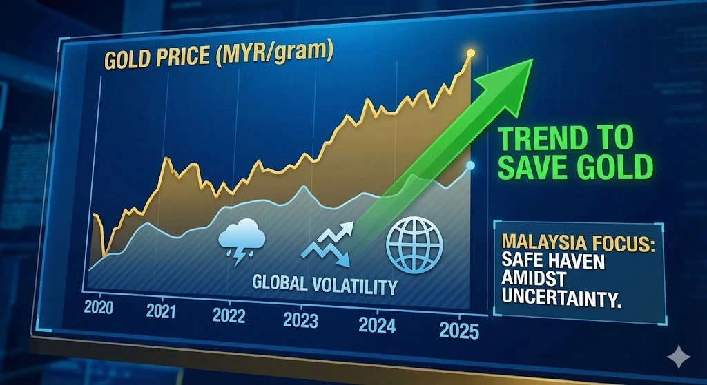 Market chart analysis showing trends to save gold in Malaysia amidst global volatility.