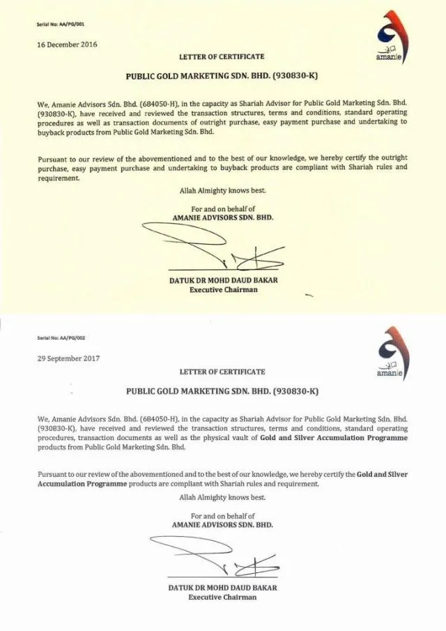 Sijil patuh syariah Public Gold