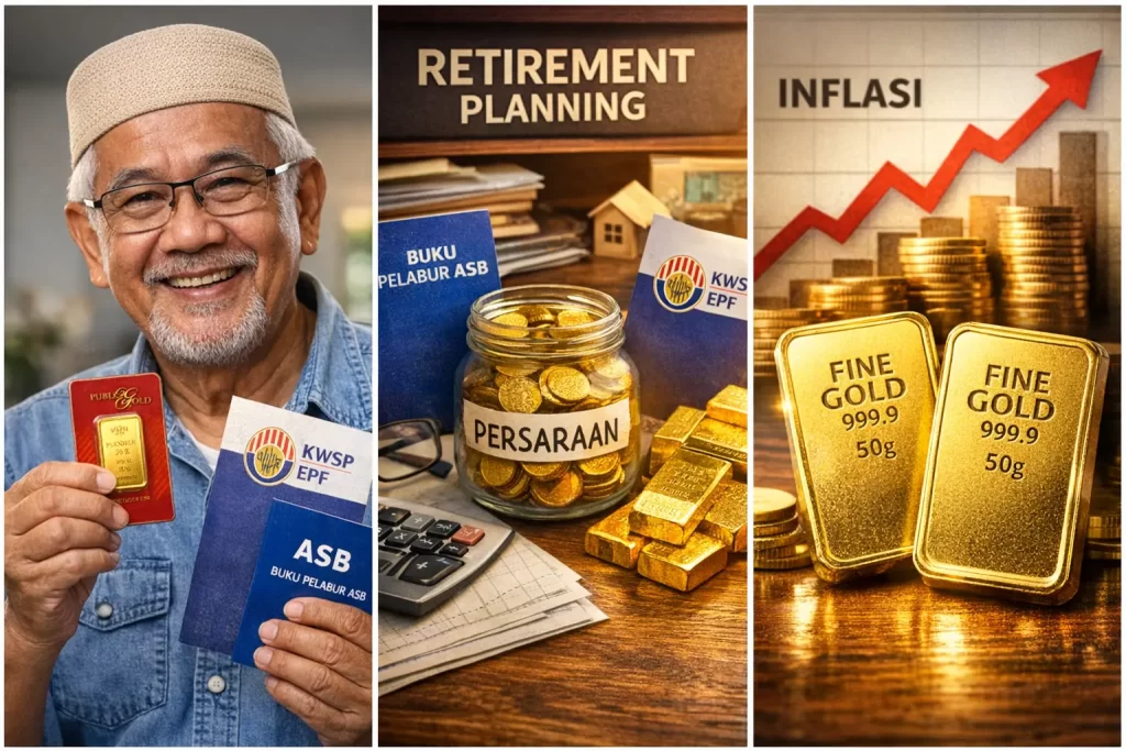 Simpanan emas untuk persaraan menggunakan emas fizikal bersama ASB dan EPF sebagai perlindungan inflasi jangka panjang.