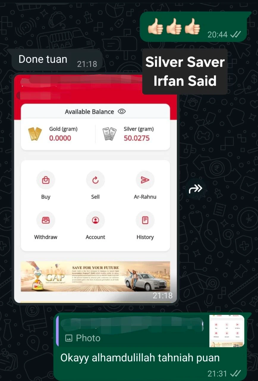 Seorang klien mulakan simpanan silver di Public Gold