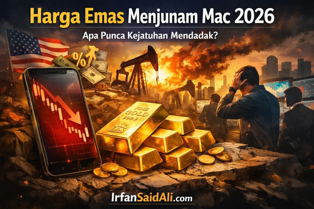 Ilustrasi berkaitan kejatuhan harga emas Mac 2026 — graf harga emas menjunam pada skrin telefon, jongkong emas di hadapan, melambangkan volatiliti pasaran akibat pengukuhan dolar AS, kadar faedah tinggi dan tekanan ekonomi global.