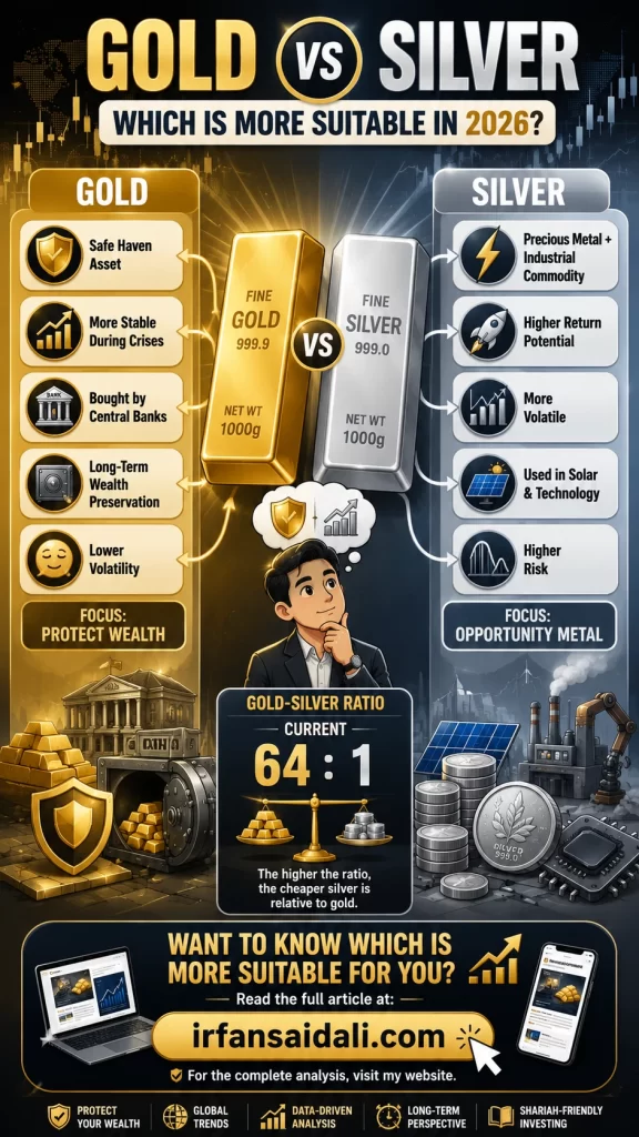 Gold vs Silver comparison infographic showing safe haven benefits of gold, higher return potential of silver, and the current gold-silver ratio of 64 to 1.