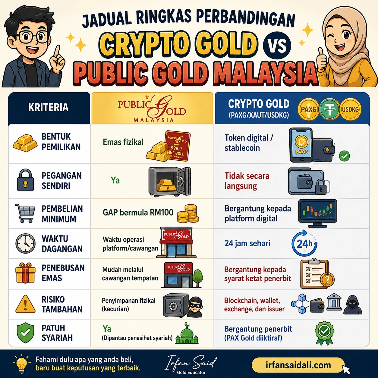 Jadual ringkas perbandingan Crypto Gold vs Public Gold Malaysia dari segi pemilikan, risiko, kos, kecairan dan patuh syariah.